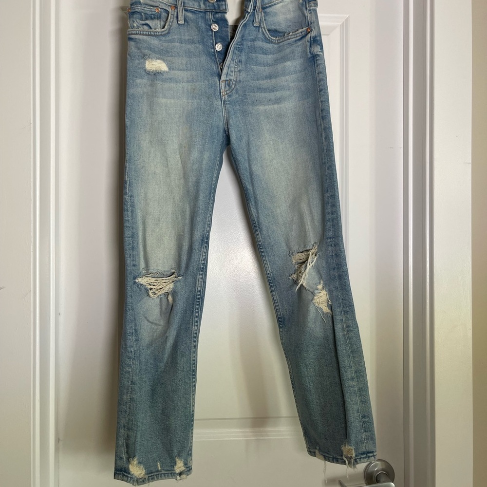 MOTHER Blue Straight Leg Jeans with Distressed Details